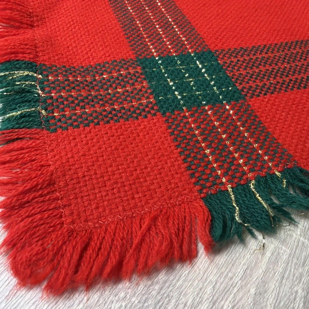 Set 14 Christmas Plaid Tartan 7 Placemats 7 Napkins Red Green Gold Woven Fringe